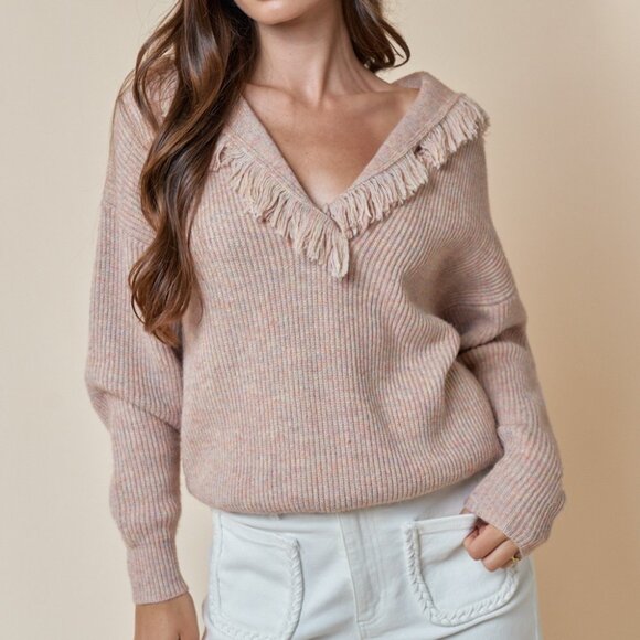Frayed V-Neck Sweater - Picture 1 of 3
